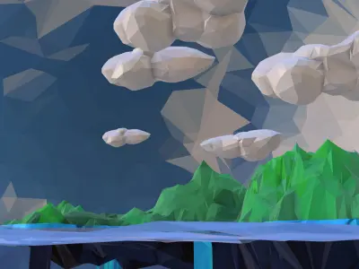 Green Waterfall Island Mountain Low Polygon Art 3D model