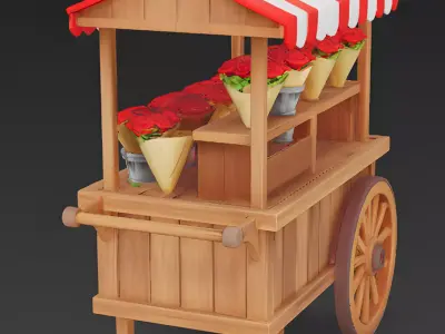 Romantic Wooden Flower Stall Cart 3D Model Low-poly 3D model