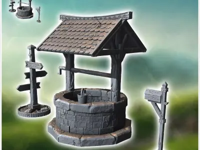 Outdoor accessory set with tile-roofed well wooden sign and lett 3D print model