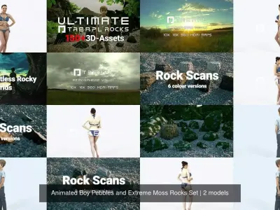 Animated Boy Boulders Pebbles and Moss Rocks Set 3D Model Pack