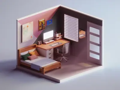 Simply Isometric Bedroom  Free low-poly 3D model