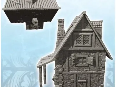Medieval house with tiled roof and large staircase and canopy 6  3D print model