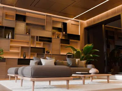 Modern Abstract Wooden Living Room 3D model