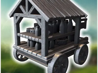 Wooden cart with a roof filled with milk bottles and stacked whe 3D print model