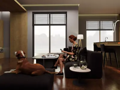 Modern Open Kitchen Cum Living Room 3D model