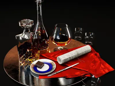 Set whiskey and cognac decanter on dish 3D model