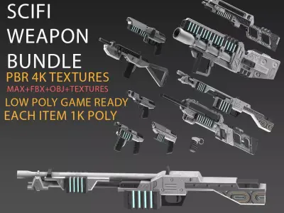 low poly game ready PBR SciFi weapon bundle Low-poly 3D model