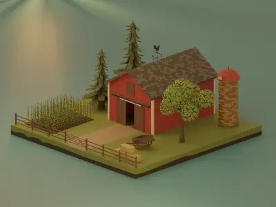 Farm with barn and trees Low-poly 3D model