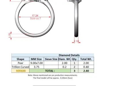 Pear Cut Three Stone Engagement Ring CAD Model Pro 3D print model
