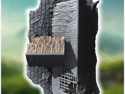 Ruined church with broken roof damaged walls and stone-paved gro 3D print model