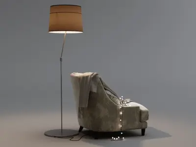 Armchair with plaid garland and floor lamp 3D model