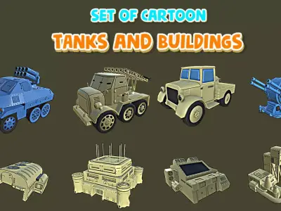 Set of Cartoon Tanks and Buildings Low-poly 3D model