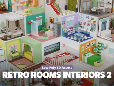 Low Poly Retro Vintage Rooms Interiors 2 Low-poly 3D model