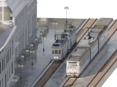 VINTAGE TRAM STATION WITH TRAMS 3D model