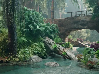 Tropical forest and river assets Low-poly 3D model