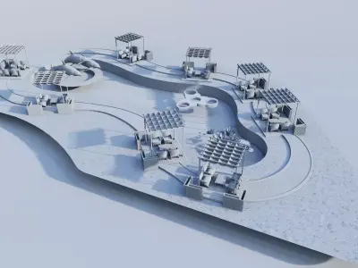 Organic Park Landscape with Water Pond and Pergolas Low-poly 3D model