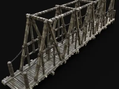 BRIDGE MEDIEVAL WOODEN PLATFORM CONSTRUCTION ENTERABLE Low-poly 3D model