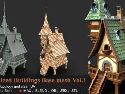23 Stylized Buildings Base mesh Vol 1 Low-poly 3D model