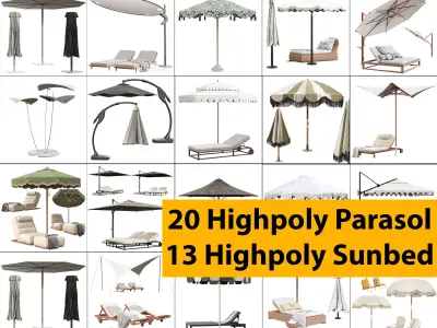 20 Highpoly Parasol  and 13 Highpoly sunbed pack 3D model