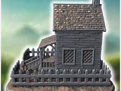 Intact wooden house with a picket fence front porch and a chimne 3D print model