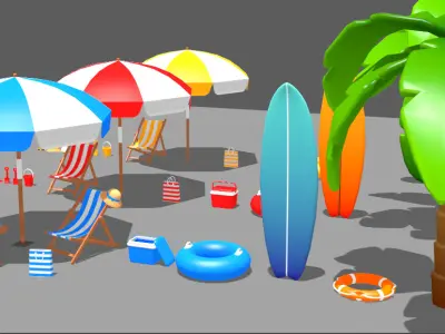 beach toys surfboard sunbath sand castle Viewing coconut trees Low-poly 3D model