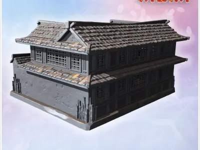 Enclosed courtyard house with circular windows tiled roofs and d 3D print model