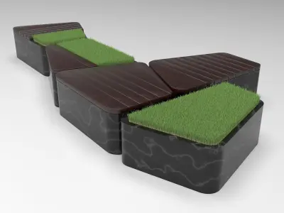 Park granite vases-bench with wooden floorings 3D model