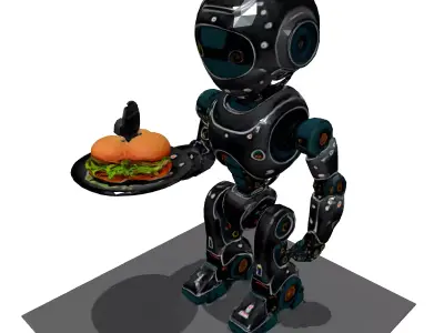 Friendly Robot Waiter with Burgers Low-poly 3D model