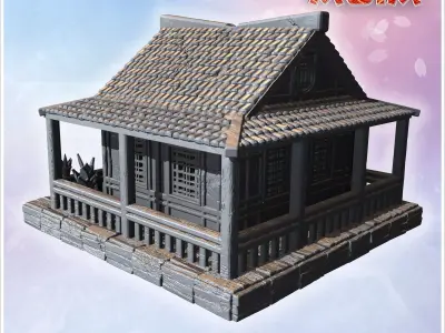 Single-story house with tiled roof wooden railings and decorativ 3D print model