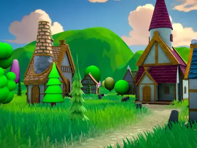 Whimsical Village Landscape Game Ready Cinematic Scene  3D model