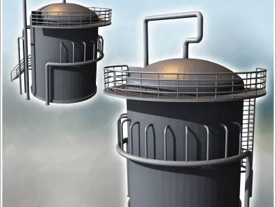Round industrial tank with multiple pipes and access staircase 1 3D print model
