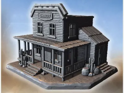 Sheriffs office with side extension porch fencing wooden barrels 3D print model