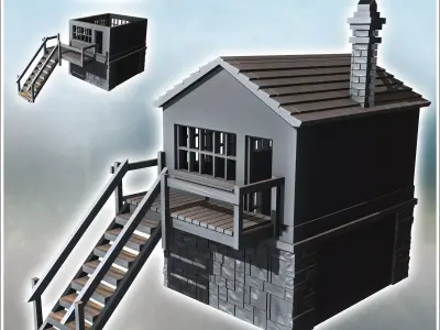 Modern building with access staircase to the first floor and cut 3D print model