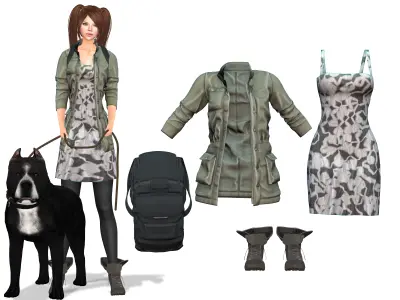 Rebel Coat Dress Boots Backpack Outfit Low-poly 3D model