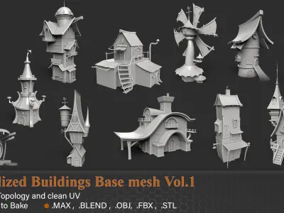 23 Stylized Buildings Base mesh Vol 1 Low-poly 3D model