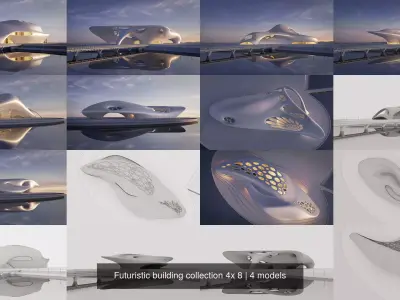 Futuristic building collection 4x 8 3D Model Pack