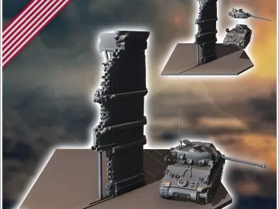 Scene with building and carcass of American Sherman M4A3E8 HVSS  3D print model
