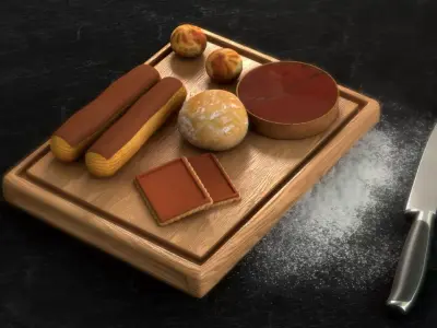 Pastries chocolates and on wooden cutting board Low-poly 3D model
