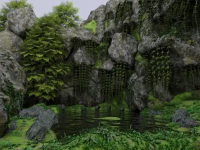 Scene rock garden with trees and rocks 3D model
