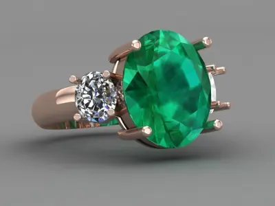 Emerald Oval Rose Gold Diamond Ring 3D Print Model 3D print model