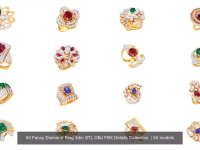 50 Fancy Diamond Ring 3dm STL OBJ FBX Details Collection  3D Model Pack