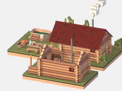 Isometric Russian Village Bathhouse Bath Accessories Low-poly 3D model