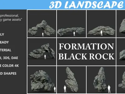 Low poly Black Rock Formation Pack 191228 Low-poly 3D model