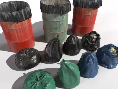 Drum trash can and trash bags Low-poly 3D model