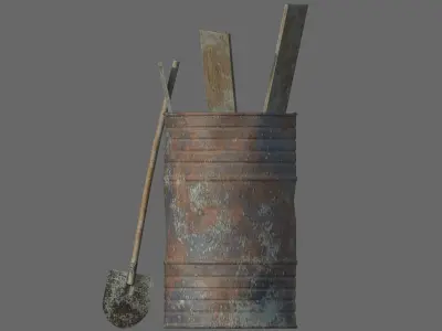 Rusty Build Barrel and Shovel Low-Poly Game Ready PBR 3D Model Low-poly 3D model