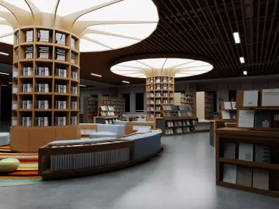 Modern bookstore interior design Low-poly 3D model