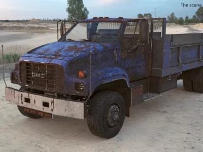  GMC TopKick Flatbed Truck with Corroded Panels Blue Old Rigged for Cinema 4D 