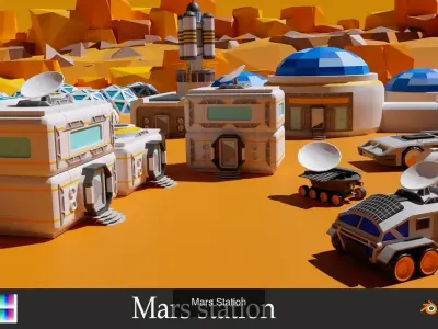 Cartoon characters astronauts and Mars Station 3D Model Pack