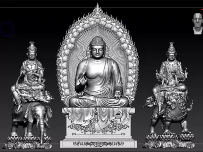 Buddha and Bodhisattvas Manjushri and Samantabhadra Bodhisattva 3D print model