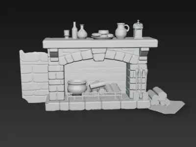 Medieval Stone Fireplace with Wooden Mantel - PBR Low-poly 3D model
